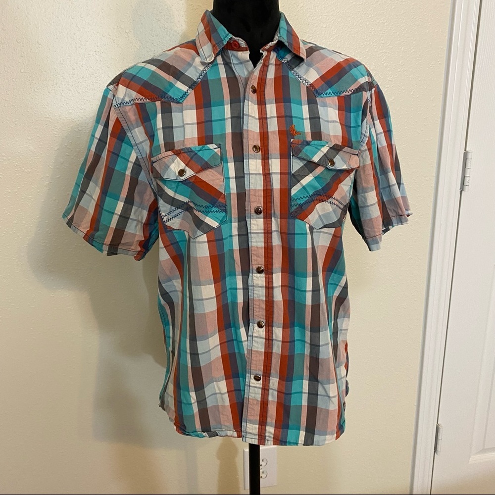 Cody James Madras Plaid Shirt Pearl snap button Woman's Slim Fit Med. western